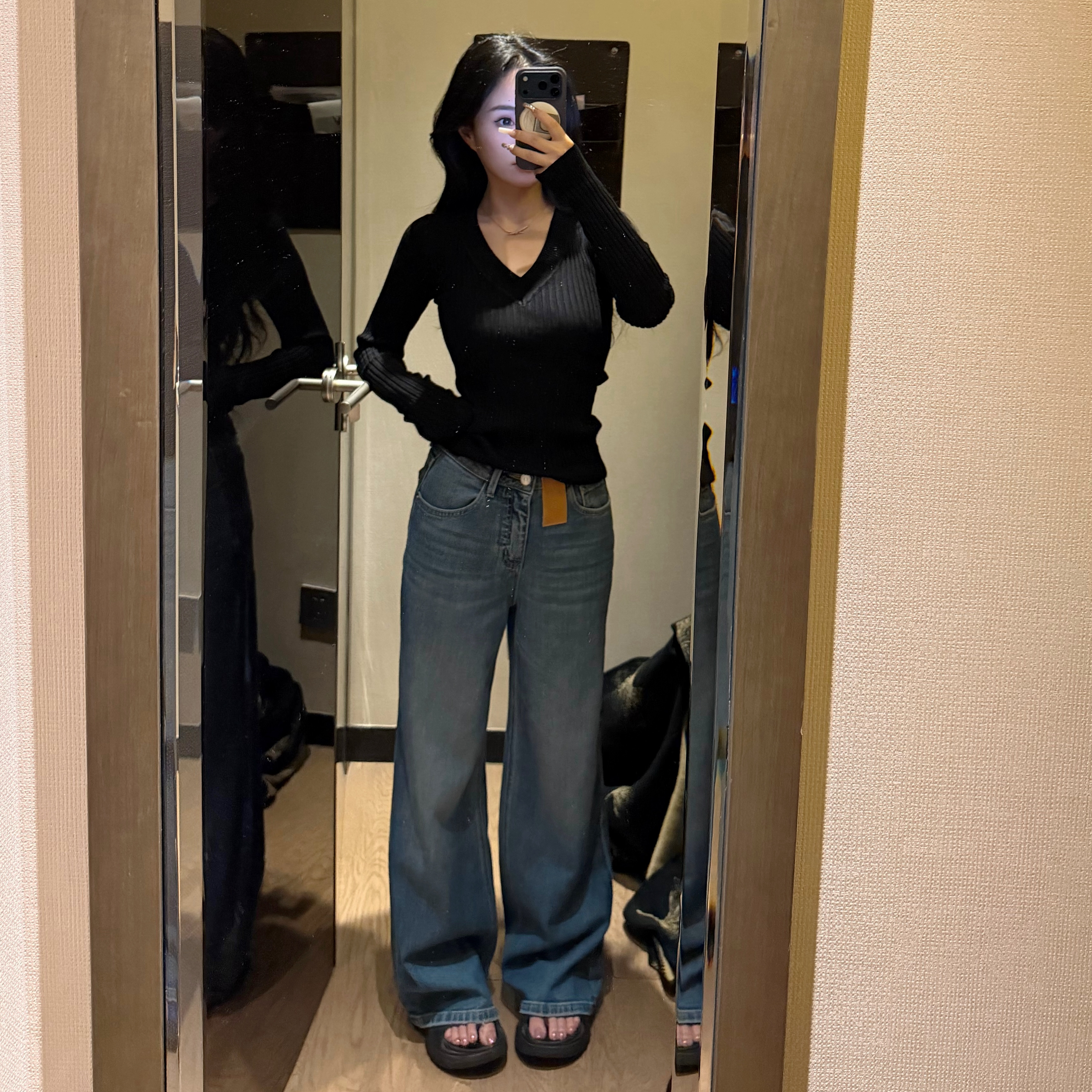 自在小个子丹宁自由复古水洗蓝皮标阔腿牛仔裤女秋季宽松直筒裤子