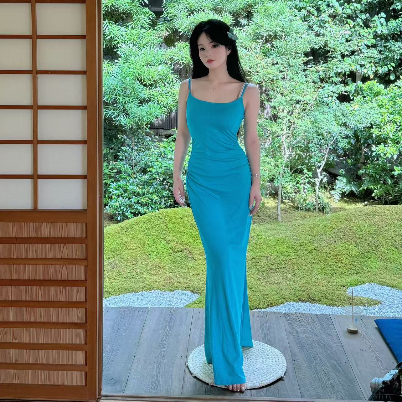 自在小个子卡戴珊SKlMS超美湖蓝色吊带裙皱褶包臀收腰鱼尾连衣裙