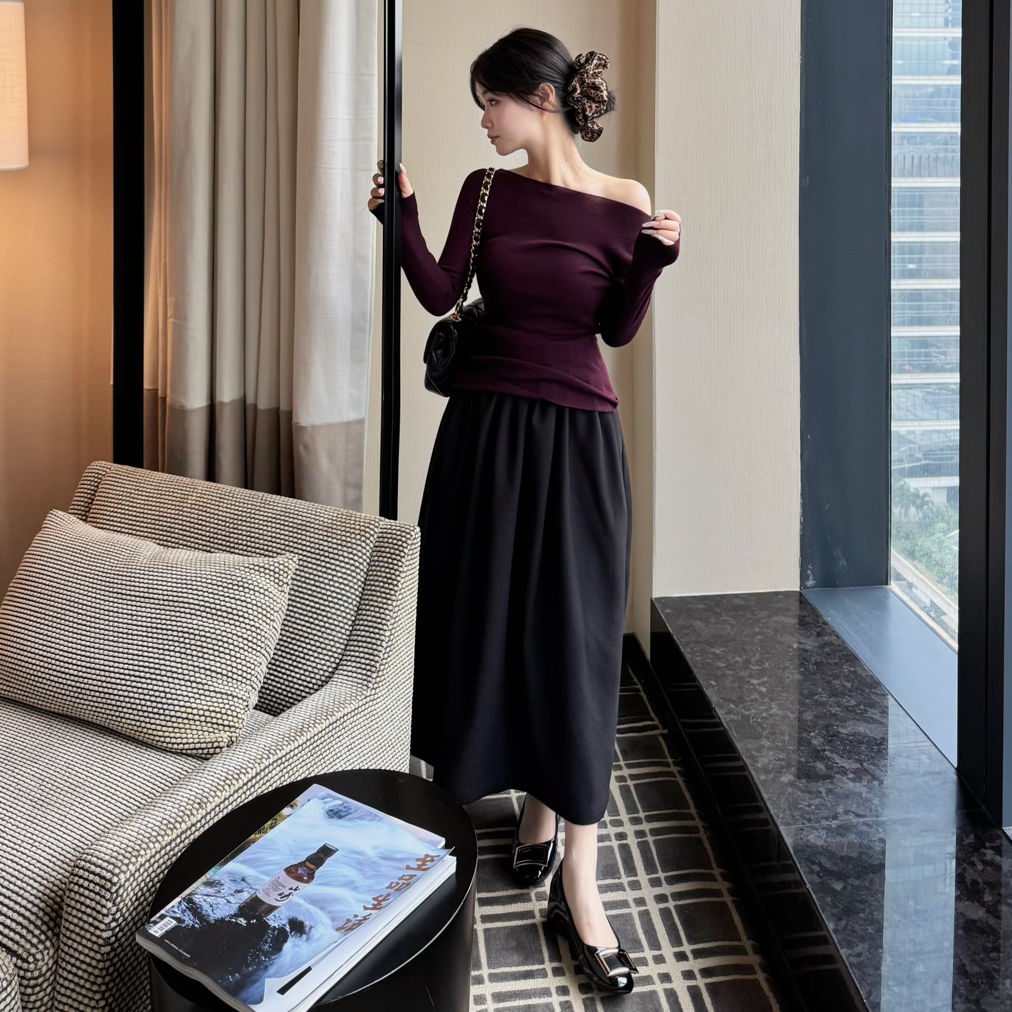 自在小个子中长款大廓形黑色茧型花苞半裙褶皱宽松高腰休闲半身裙