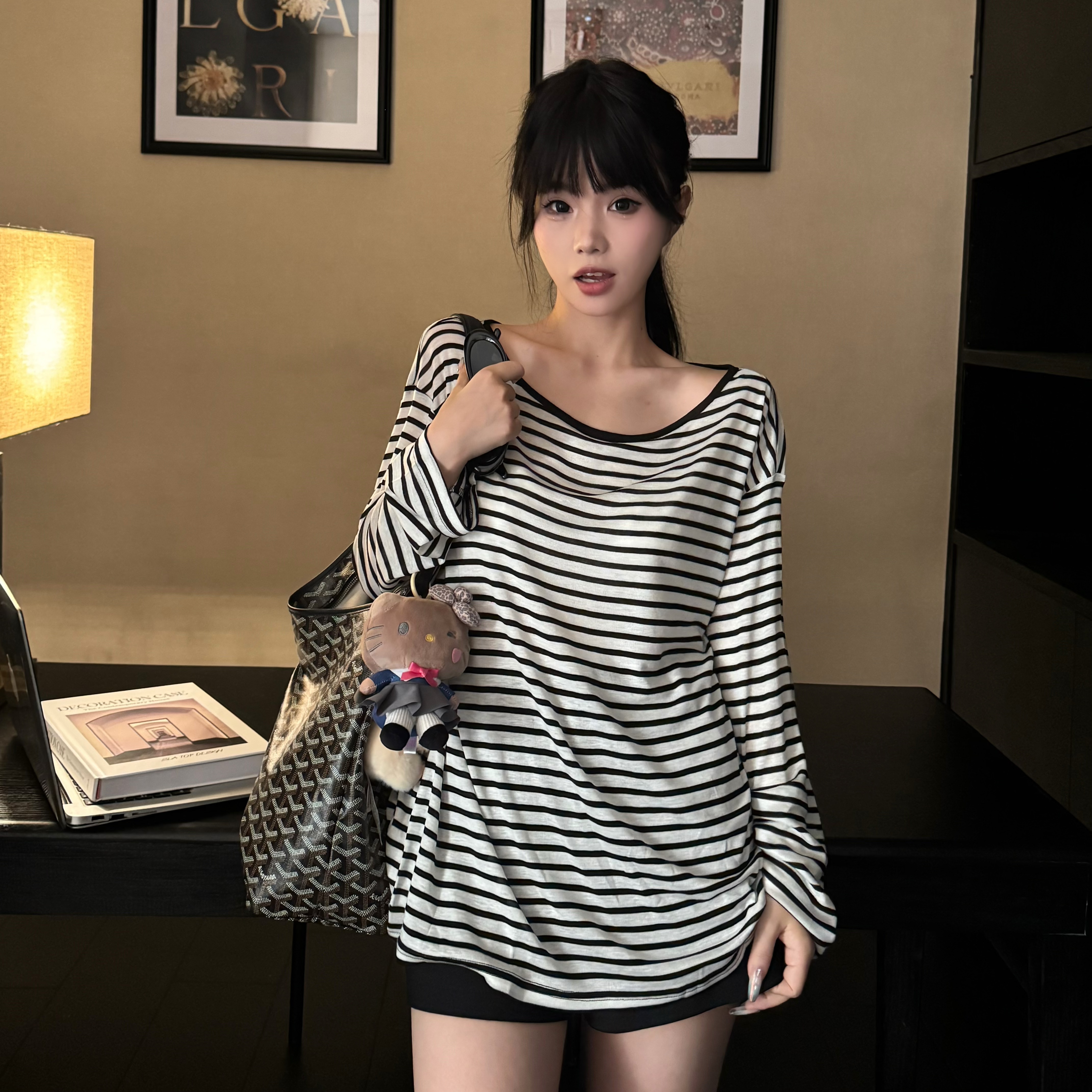 小个子韩系休闲长袖防晒条纹T恤