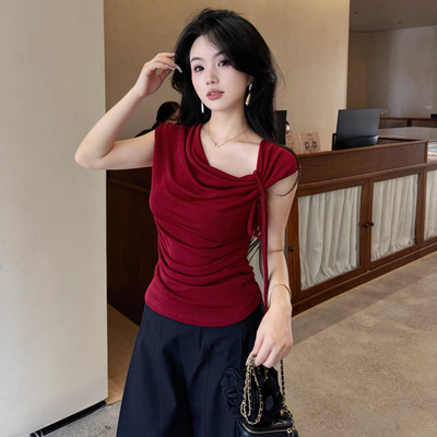 小个子荡领设计感醋酸短袖T恤女