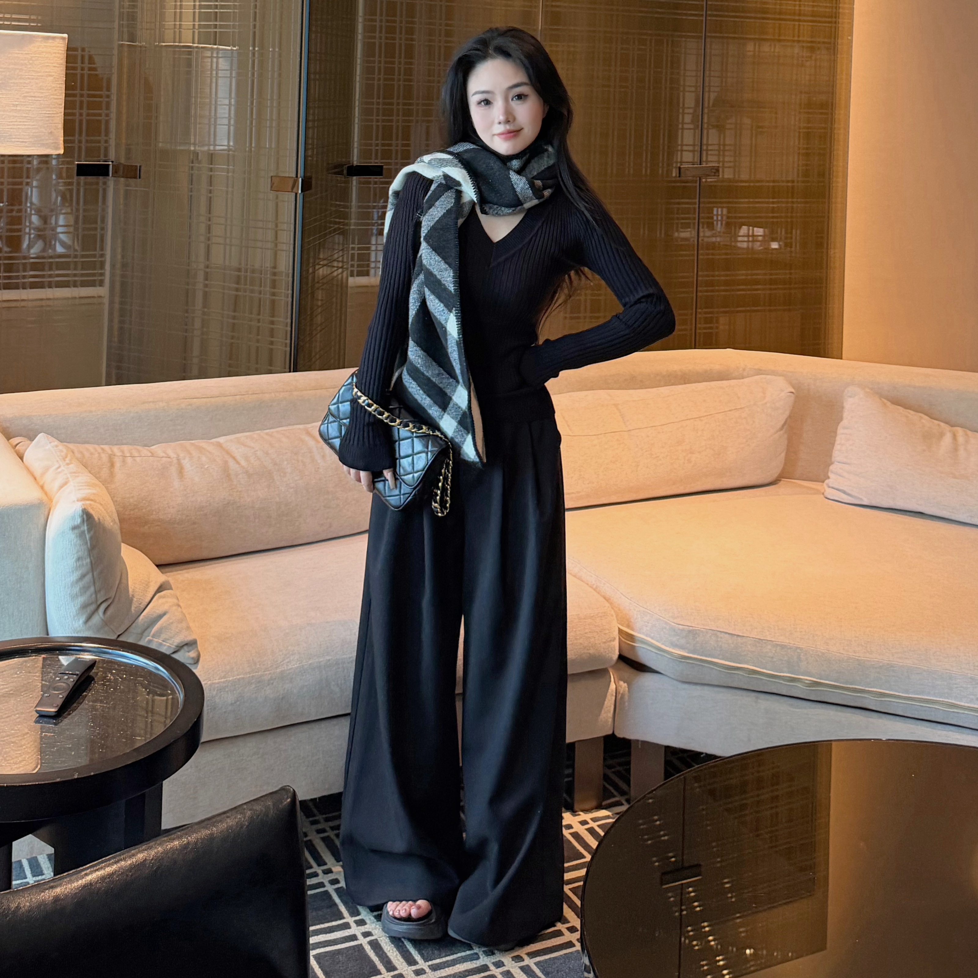 自在小个子黑色廓形西装裤女四季款设计感宽松休闲裤高腰拖地长裤