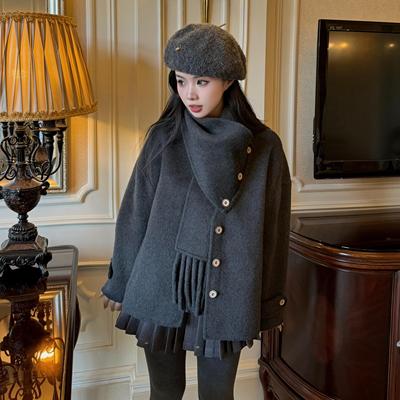 小个子自带围巾灰色双面呢短外套