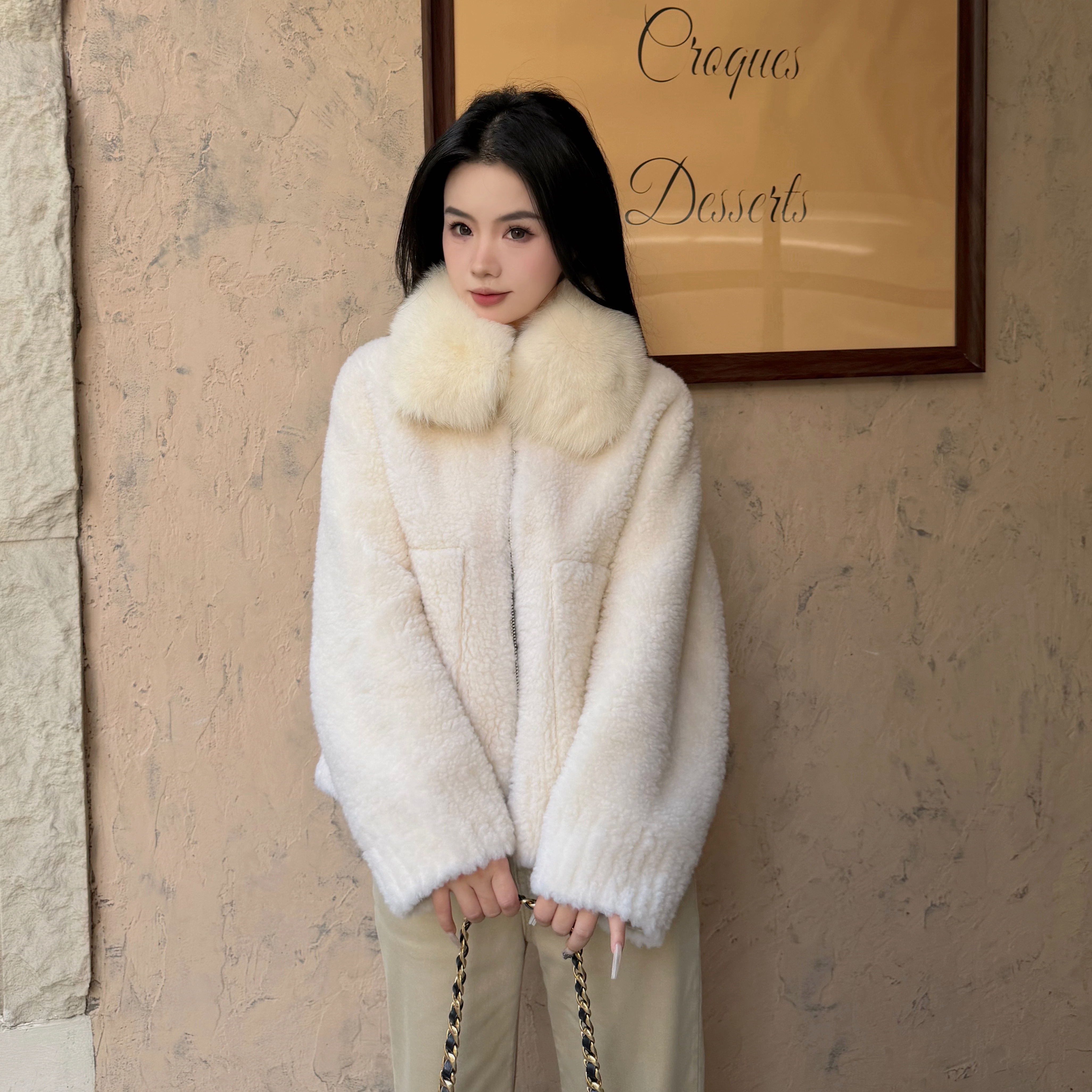 自在小个子 雪境情书 100%羊羔毛皮毛一体狐狸毛领大衣女皮草外套