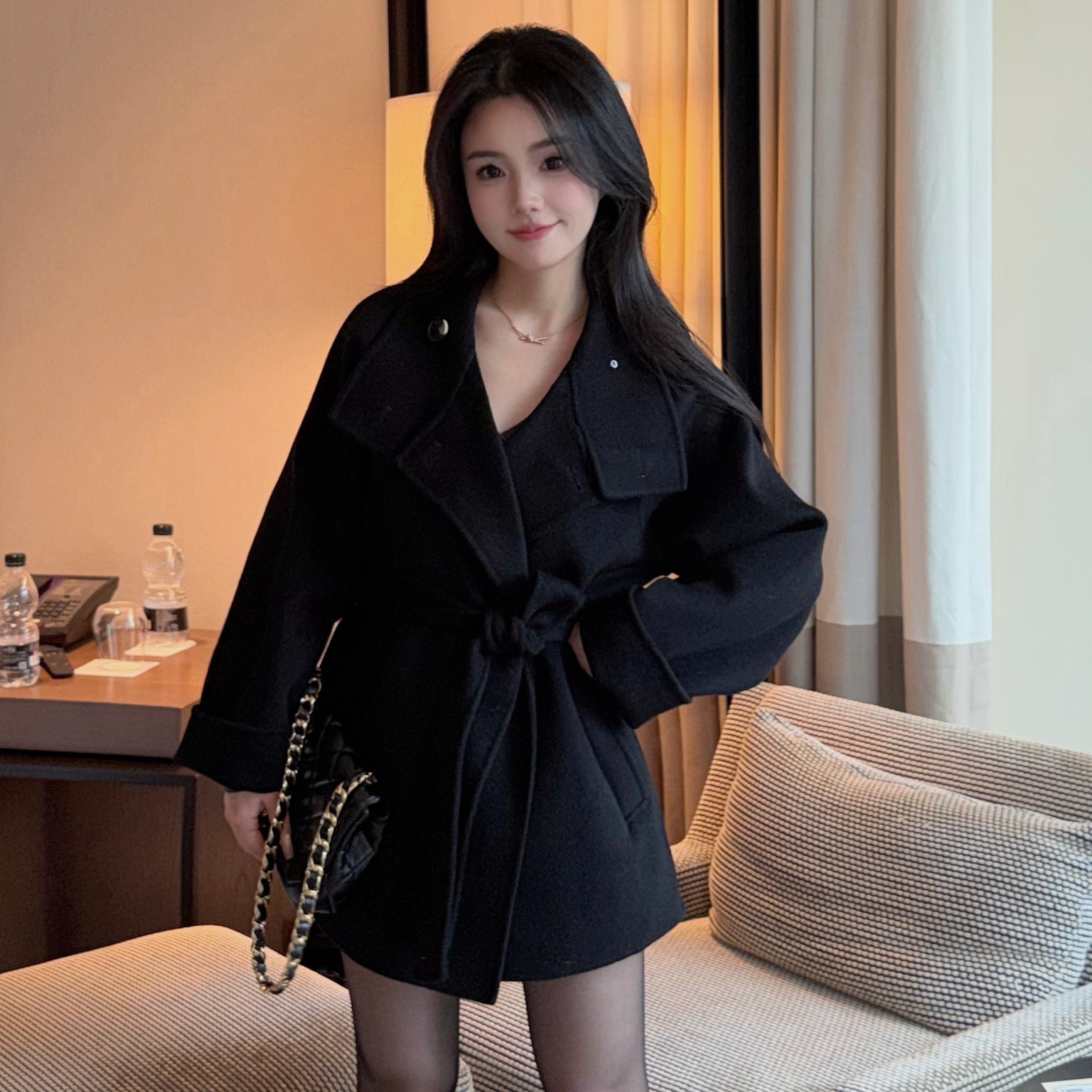 自在小个子暮光之城黑色绵羊毛立领呢子外套女高级短款双面呢大衣