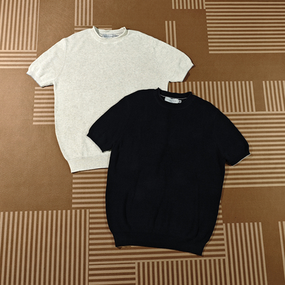 MadeXdfk夏季莱赛尔短袖毛衣男cleanfit美式短款卷领设计感针织衫