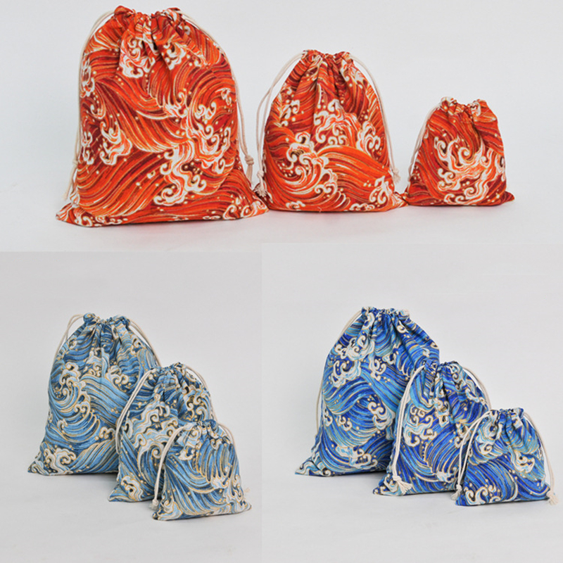 烫金海浪棉麻收纳袋抽绳束口布包