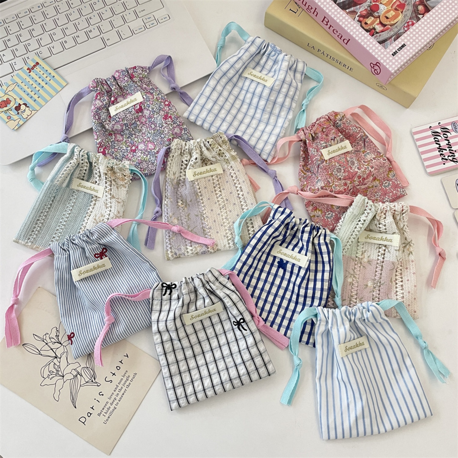 小清新碎花格纹抽绳束口收纳布袋