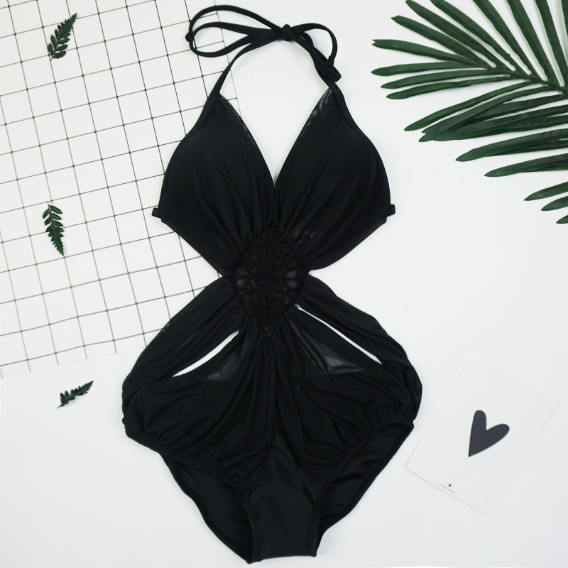 黑色性感走秀欧美连体三角遮肚比基尼沙滩原创红人推荐女泳衣泳装