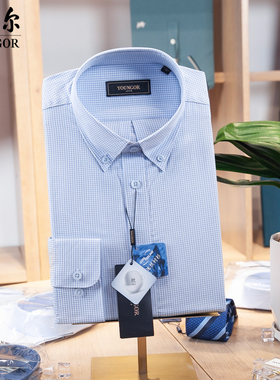 专柜980雅戈尔桑蚕丝休闲长袖衬衫男蓝色扣领格子秋新款114817HKA