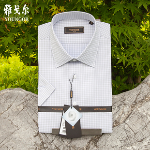 D114791DBY 男灰色格子商务高端夏季 吊牌1280雅戈尔桑蚕丝短袖 衬衫