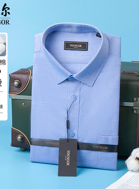 专柜720雅戈尔短袖衬衫男DP免烫商务湖蓝纯棉衬衣夏GSDP10171GFA