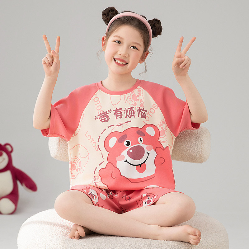 女童睡衣夏季纯棉短袖薄款2025新款儿童女孩宝宝草莓熊家居服套装