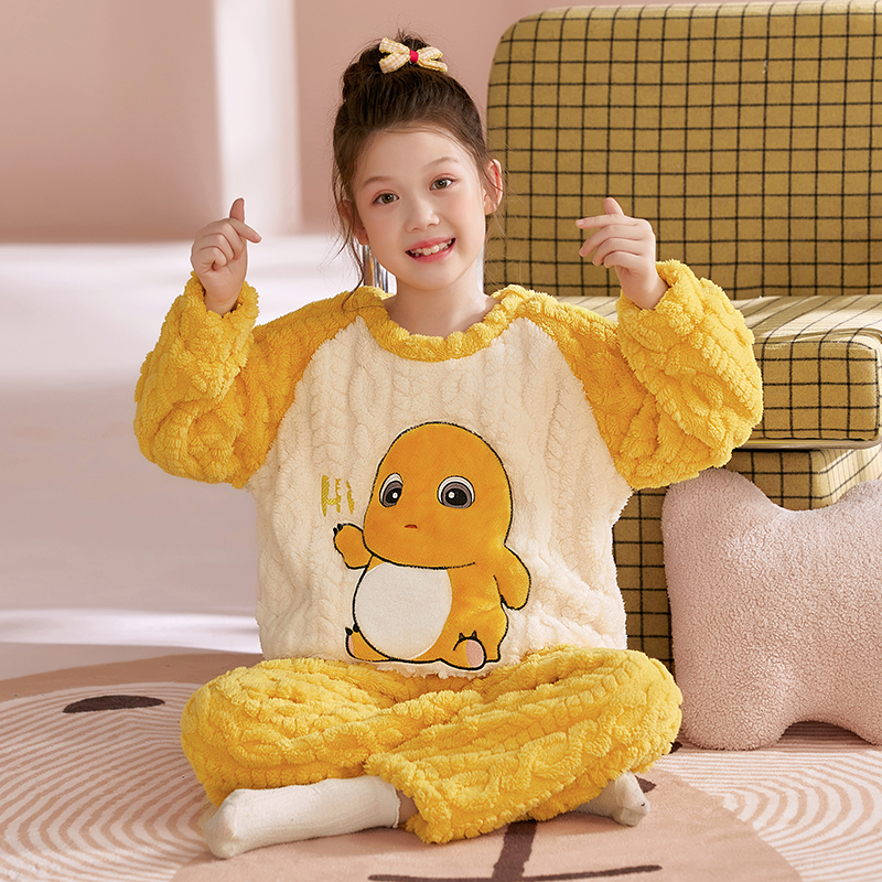 冬季珊瑚绒女童睡衣加厚提花绒奶龙儿童卡通法兰绒女孩保暖家居服