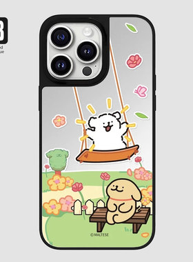 韩国可爱卡通线条小狗镜面苹果16pro手机壳iphone15max14131211plusXR保护套适用秋千小众补妆镜子全包高级感