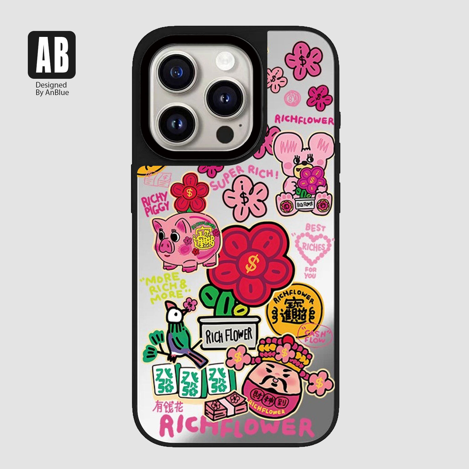 潮牌发财小猪镜面苹果16pro手机壳iphone15max爱心14简约文字13补妆镜子12小花11高级感plus小众XR
