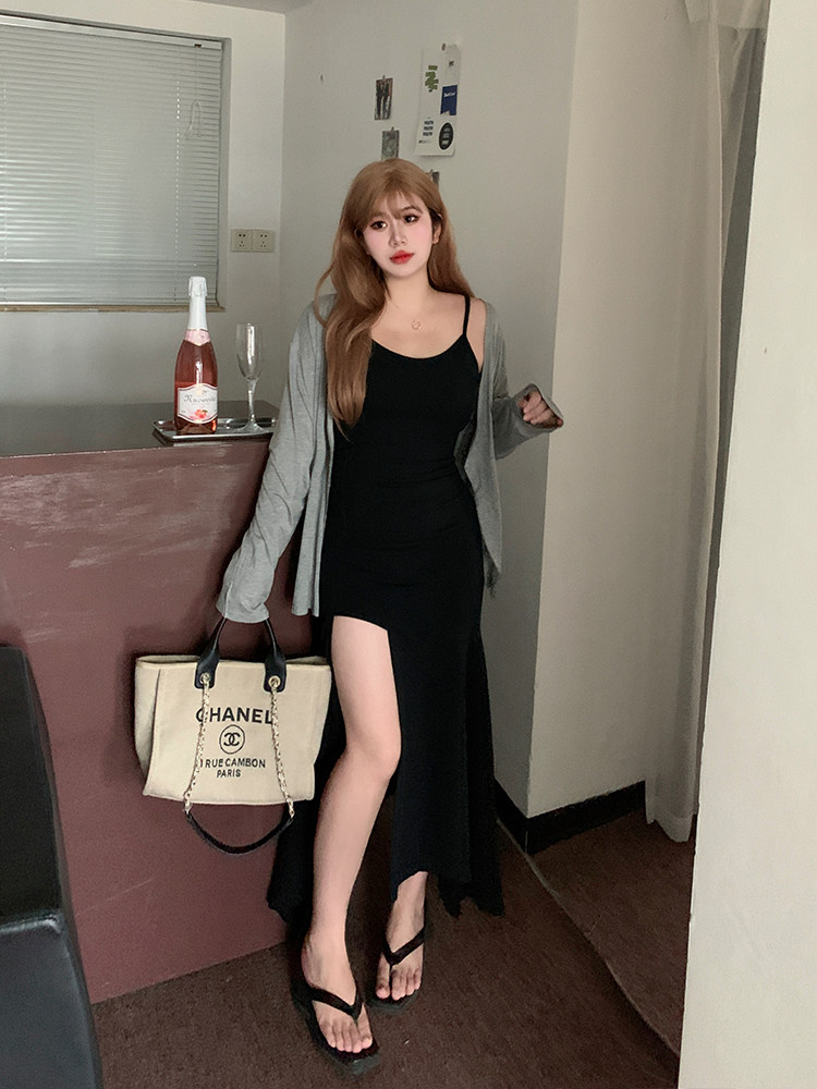 阿Yo姐姐大码辣妹小众设计感高开叉鱼尾吊带裙胖mm性感连衣裙开衫