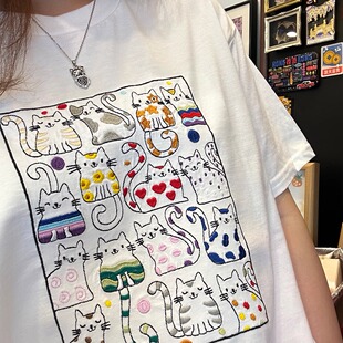 重工猫猫刺绣卡通可爱简约百搭纯棉休闲宽松情侣圆领T恤短袖 潮牌