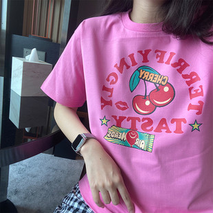 T恤女 甜美短袖 马克先生自制 樱桃图案玫粉色显白纯棉舒适宽松韩版