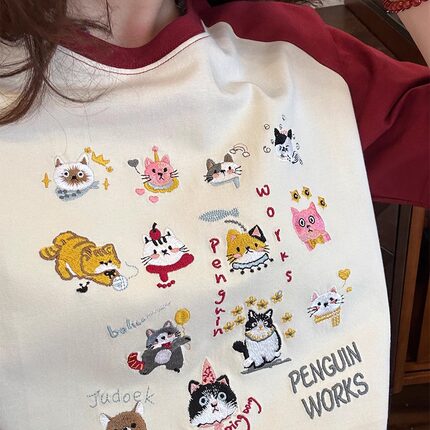 美式复古vintage可爱猫咪重工刺绣插肩拼色纯棉休闲男女情侣T恤潮