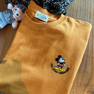 米奇刺绣卡通百搭纯棉休闲宽松复古精致简约美式 T恤 通勤情侣短袖