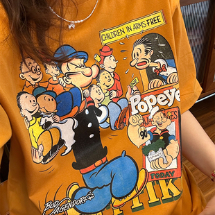 复古大力水手卡通印花百搭重磅纯棉休闲宽松精致可爱通勤短袖 T恤