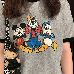 米奇唐老鸭卡通撞色复古重磅通勤短袖 t恤女宽松百搭情侣纯棉上衣
