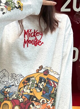 刺绣+印花款米奇米妮重工卡通可爱百搭简约花灰洋气情侣圆领卫衣