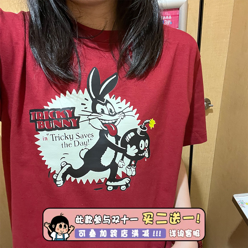 马克先生和天使娜娜220g重磅纯棉复古卡通印花兔子休闲短袖T恤潮