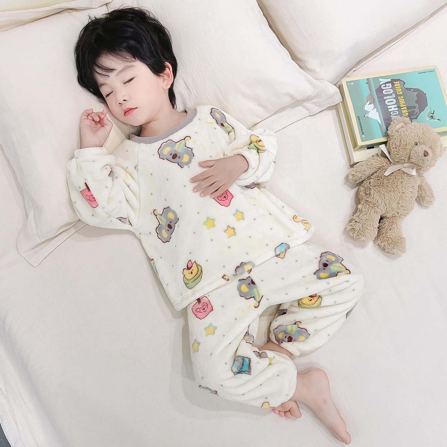 男童法兰绒儿童睡衣秋冬季考拉熊宝宝加厚家居服小童男孩珊瑚套装