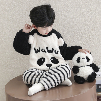 儿童睡衣男童秋冬款男孩法兰绒双层加厚熊猫男女中小童套装2025款