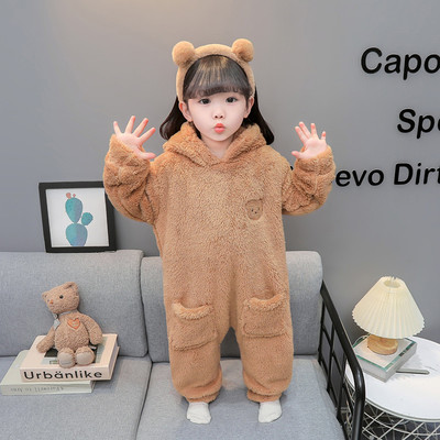 女童加厚连体睡衣秋冬珊瑚绒儿童连帽防踢家居服女孩保暖双层睡袋