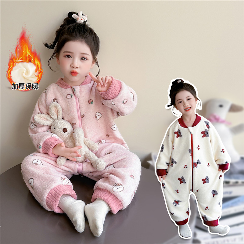 女童加厚连体睡衣秋冬季女宝宝婴儿防着凉睡袋儿童冬款双层家居服