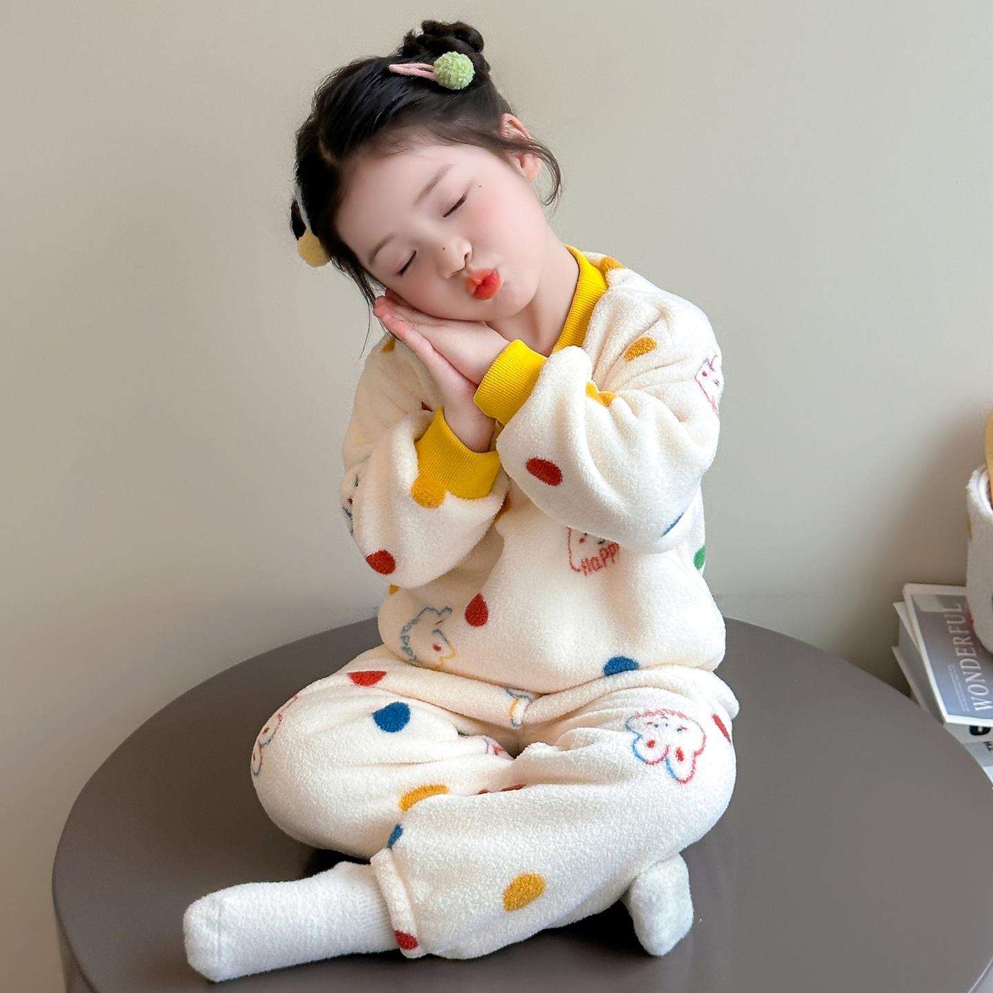 女童睡衣秋冬季法兰绒加厚珊瑚绒2025新款儿童家居服套装宝宝女孩