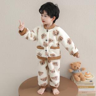 儿童法兰绒睡衣秋冬季2025新款男童宝宝珊瑚绒可爱家居服开衫套装