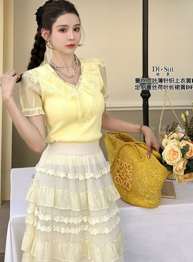 现货特价DI-SUI2025春夏新款法式V领蕾丝花边泡泡袖短袖T恤35033