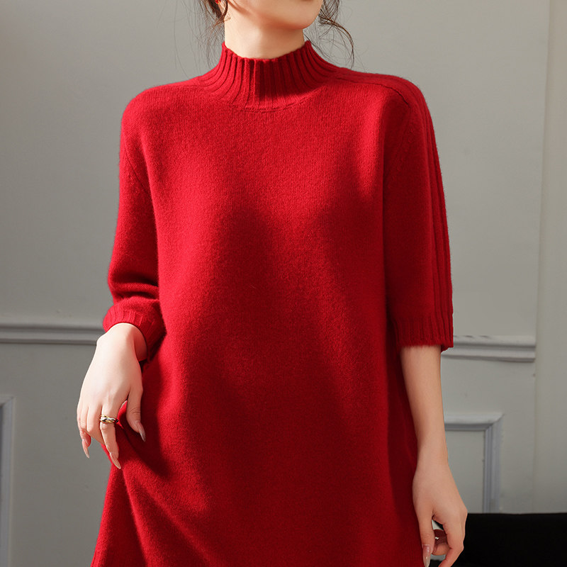半高领加厚中长款100%纯羊毛衫女士五分袖宽松显瘦针织毛衣打底衫