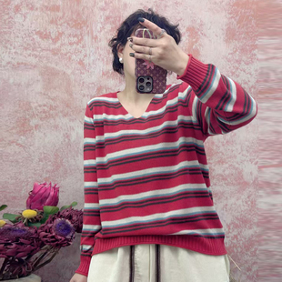 2025秋冬新款V领撞色条纹纯棉针织长袖宽松百搭休闲显瘦上衣T恤女
