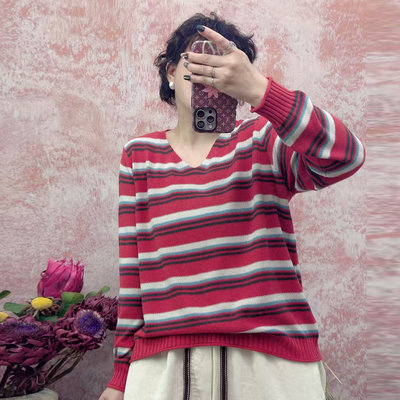 2025秋冬新款V领撞色条纹纯棉针织长袖宽松百搭休闲显瘦上衣T恤女