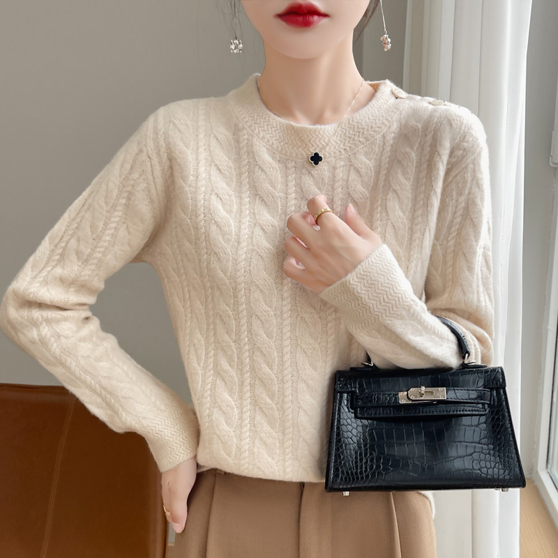 100%纯羊毛衫新款女麻花设计感秋冬圆领套头毛衣针织衫打底衫上衣