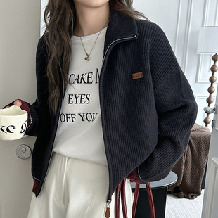 加厚纯羊毛开衫女宽松立领拉链毛衣外套短款2024秋冬新款针织羊绒
