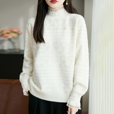 秋冬半高领蕾丝花边精纺羊毛衫女加厚钉珠针织毛衣宽松打底衫