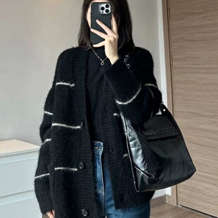 秋冬条纹毛衣纯羊毛开衫外套女慵懒风中长款v领气质休闲宽松上衣