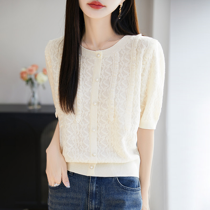 夏季短袖t恤女2025新款圆领假开衫蕾丝花边设计感针织衫半袖上衣