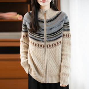 秋冬新款100%纯羊毛开衫女半高领复古提花拉链宽松毛衣针织打底衫