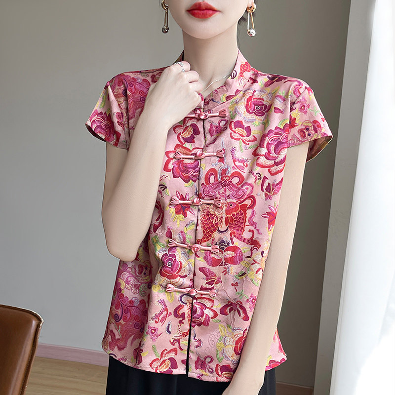 新中式重工提花缎面短袖女夏季新款国风立领盘扣小衫百搭显瘦上衣