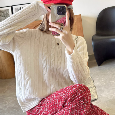 秋冬新款100%纯羊毛衫女圆领加厚宽松显瘦麻花毛衣针织百搭打底衫
