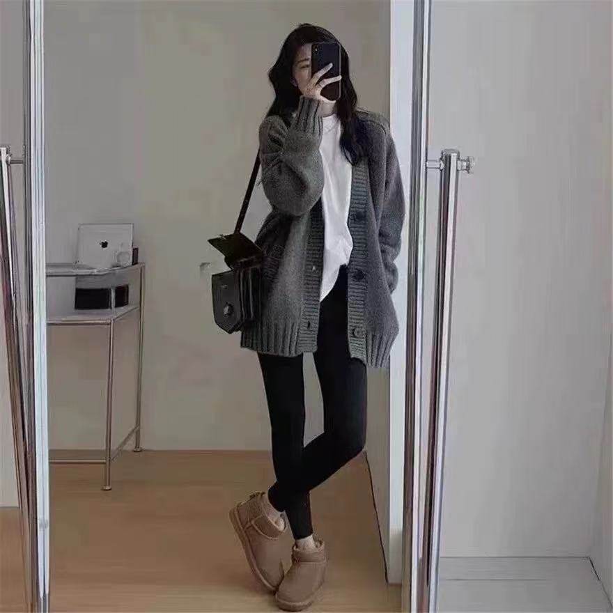 25秋冬新款100%羊毛开衫女重磅加厚V领中长款复古针织慵懒风外套