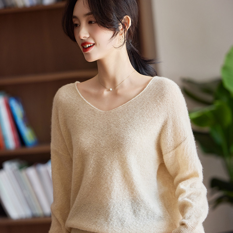 秋冬新款100%纯羊毛衫女V领套头毛衣针织衫宽松显瘦长袖打底上衣