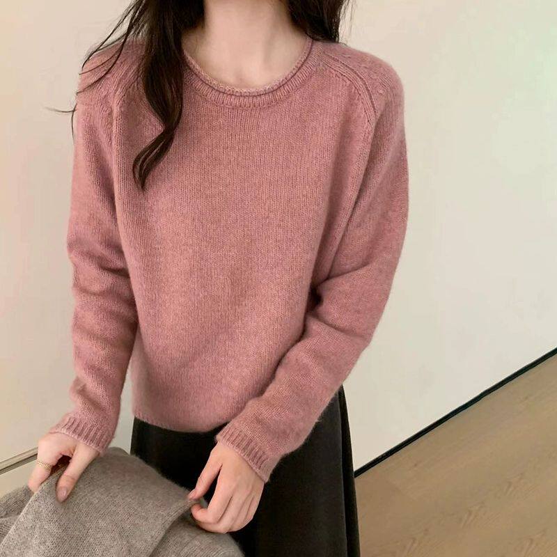 冬季新款卷边圆领100%羊毛衫长袖套头毛衣女宽松显瘦羊绒针织打底